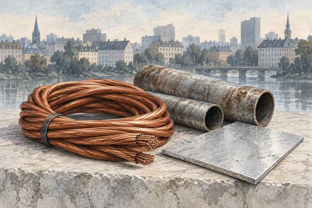 Illustration med kopparkabel, metallrör och en metallskiva framför en stadsvy